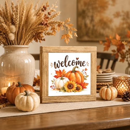 Fall Wood Sign, Welcome Pumpkin Sunflower Tabletop Decor