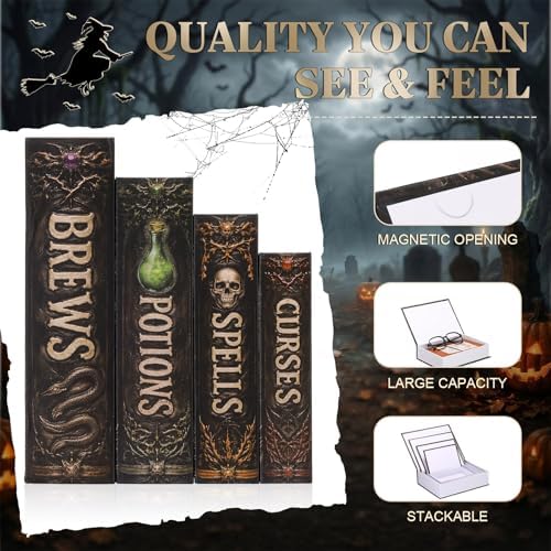 Sabary Set of 4 Decorative Books Boxes Faux Books Stacked for Coffee Tables Modern Home Bookshelves DIY Decor for Crafts (Black and Gray,Halloween)