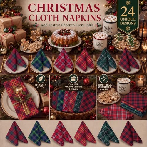 Mixweer 24 Pack Christmas Cloth Napkins Bulk, 15 x 15 Inch Square