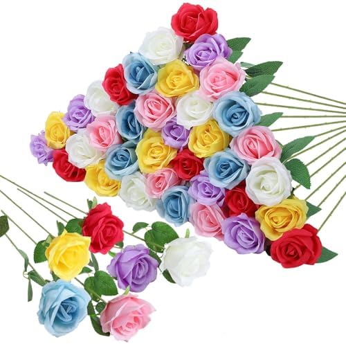 36 Pcs Mixed 6 Color Artificial Roses with Long Stems