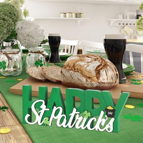 COCHIE Wooden Happy St. Patrick's Day Sign, Green Saint Patrick Decorations for Home, Office, Shelf, Mantel, Indoor, Wood Shamrock Decor, Lucky Pot of Gold Table Top Party Decoration (Green)