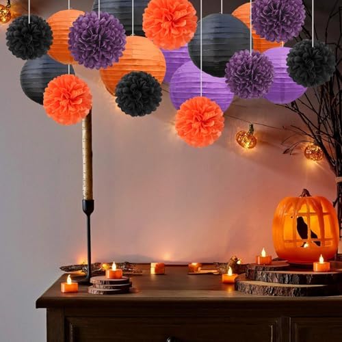 18 PCS Black Orange Purple Paper Lanterns & Tissue Paper Pom Poms for Halloween Birthday, Wedding, Hanging Paper Party Decoration Set for Indoor Outdoor Fall Celebration