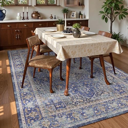 Washable Area Rug 6' x 9' Vintage Traditional Persian Mat - Foldable Distressed Non-Slip Machine Washable Carpet for