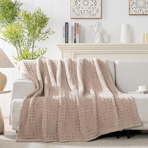 Waffle Brown Throw Blanket -Fluffy Fleece, Neutral Tan Color, Cute & Aesthetic, Perfect for Sofa, Couch, Chair, Bed