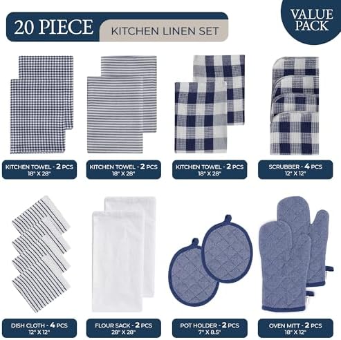 LANE LINEN Flour Sack Towels & Kitchen Towel Set 20 Pc - Premium Cotton Tea Towels for Bread Baking, Super Absorbent Dish Cloths for Washing Dishes, Multipurpose Kitchen Rags & Oven Mitt Set - Indigo