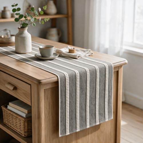 Artoid Mode Grey Farmhouse Dashed Stripe Table Runner, Seasonal Holiday Boho Rustic Kitchen Dining Table Decoration for Home Party Decor 12x72 Inch