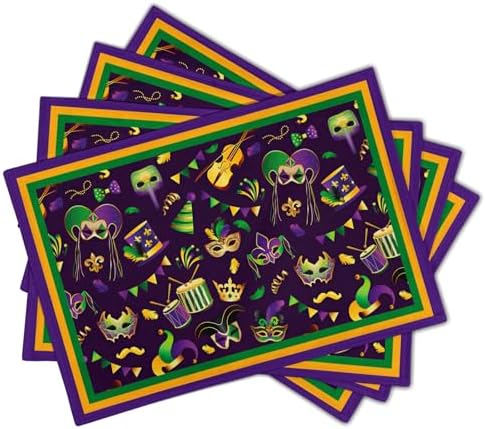 Mardi Gras Placemats Set of 6 18x12 Inch Carnival Fleur De Lis and Masks Linen Place Mat Heat-Resistant Washable Wipeable Table Mat for Party Kitchen Dining Home Decor