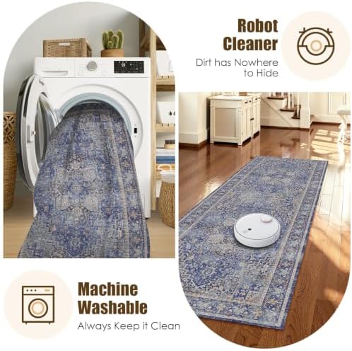 Washable Area Rug 2'6'' x 8' Vintage Traditional Persian Mat - Foldable Distressed Non-Slip Machine Washable Carpet for