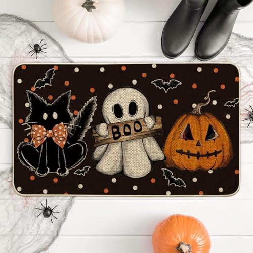 Artoid Mode Black Cat Jack-O'-Lantern Ghost Pumpkins Halloween Doormat, Seasonal Low-Profile Floor Switch Mat for Indoor Outdoor 17x29 Inch