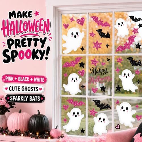 Pink Halloween Window Clings Decor Cute Ghost Stickers Decorations for Kids