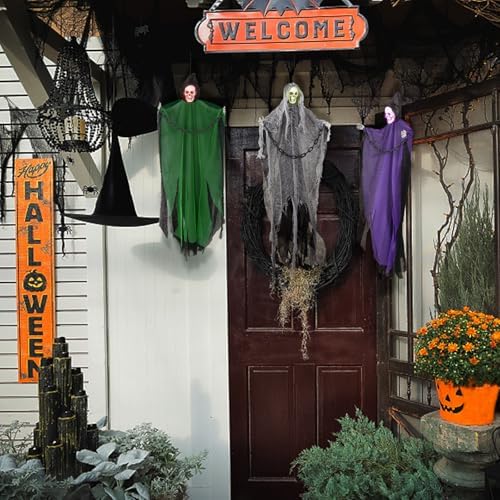 Halloween Hanging Skeleton Ghosts with Glowing Eyes (3 Pack)