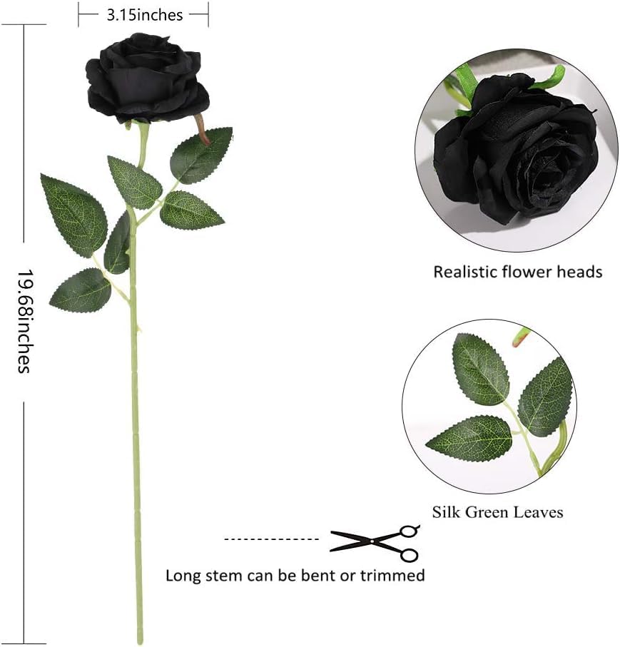 Black Fake Roses Artificial Flowers - 10 Pcs Fake Artificial Roses Silk Flowers with Stems for Home Wedding Hotel Office Centerpiece Decor