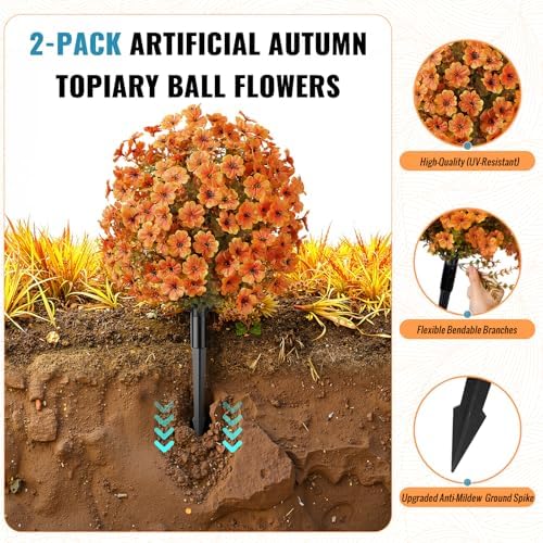 Alupssuc 2Pcs Artificial Fall Ball Flowers for Outdoors Decor, Fake Plants