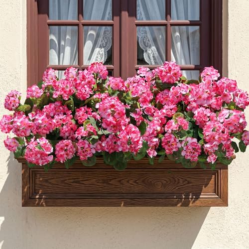 Artificial Geranium Fake Flowers for Outdoors Decoration, 6 Bundles Silk Geraniums Pink Flower UV Resistant Look Real Faux Plants for Outside Planter Front Door Garden Porch Patio Balcony Yard Home