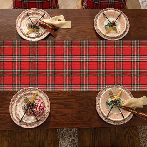 Softalker Christmas Checkered Tartan Table Runner, Red, 13 x 70 Inch-2P
