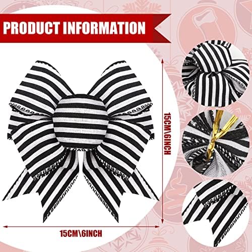 Geosar 4 Pcs Black White Striped Bows, 6 Inch Halloween Bows for Wreaths