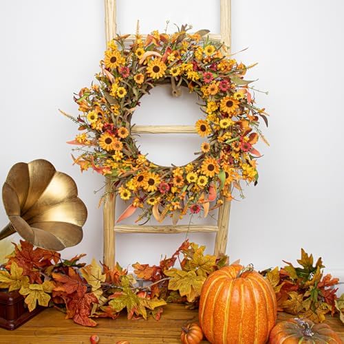 J'FLORU Artificial Fall Wreath 22 Inch Fall Wreaths for Front Door Autumn Porch Farmhouse Thanksgiving Day Harvest Festival