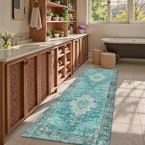 Washable Area Rug 2'6'' x 8' Vintage Traditional Persian Mat - Foldable Distressed Non-Slip Machine Washable Carpet for