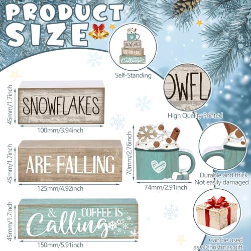 Moucuny 4 Pcs Wooden Block Signs Farmhouse Table Decor Winter Coffee Cup