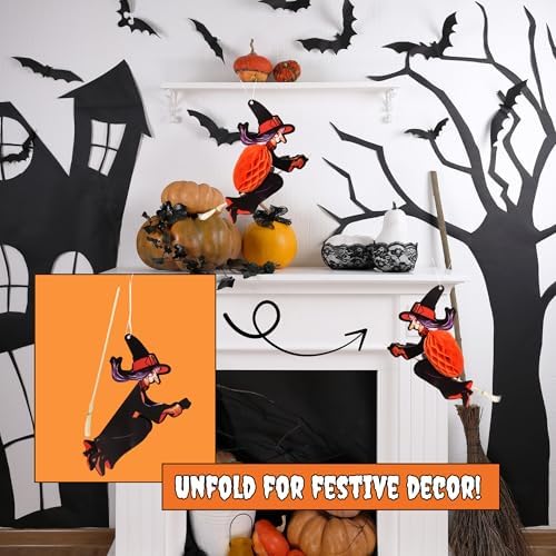 Needzo Halloween Party Decorations, Orange Hanging Honeycomb Witch Cutouts, Festive Paper Accessories, 12 Inches