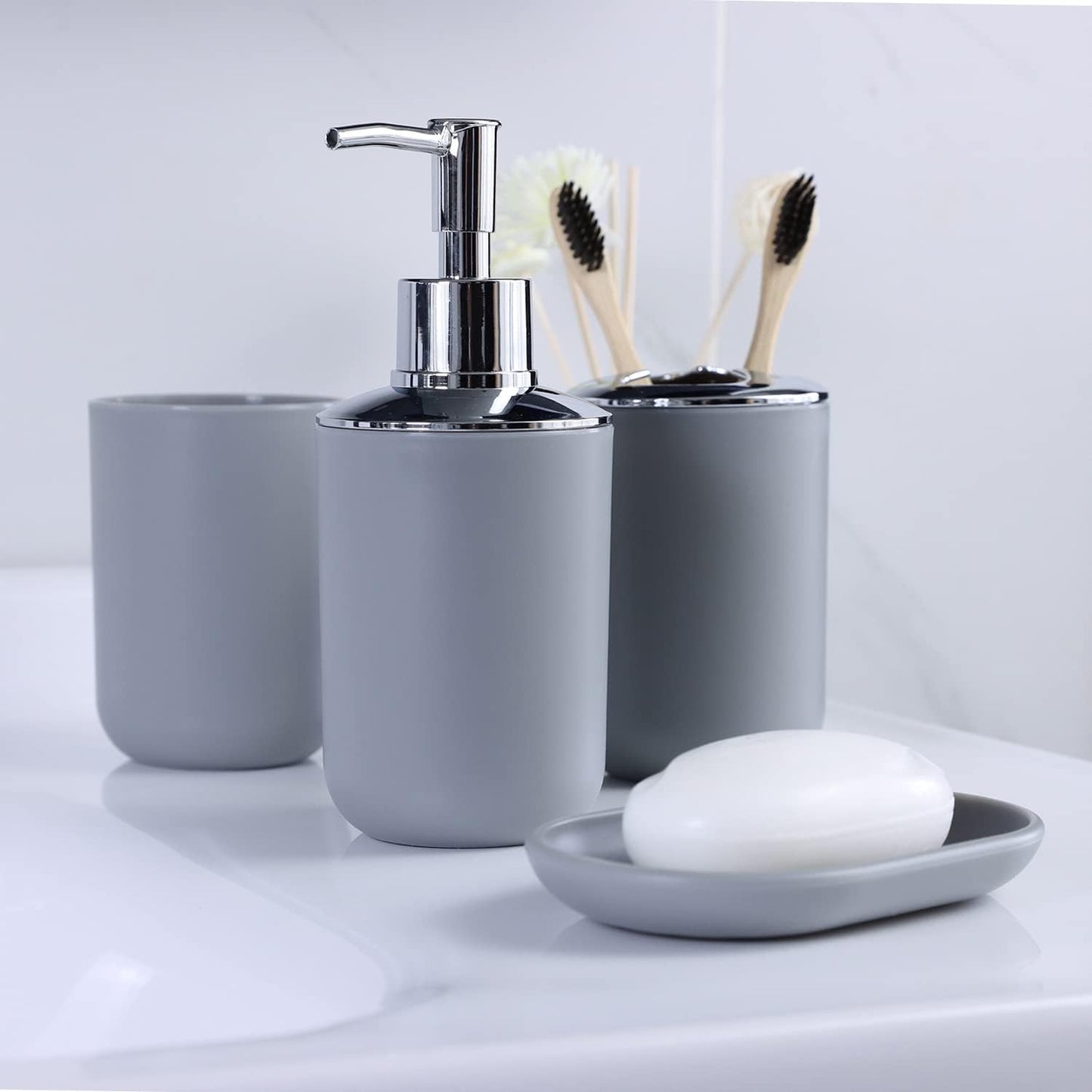 IMAVO Bathroom Accessories Set,Grey Bathroom Set,7 Pieces Bathroom Accessory Set,Tray,Toilet Brush,Trash Can for