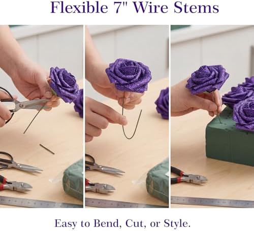 30PCS Purple Glitter Artificial Roses with Stems, Real Touch Foam Flowers