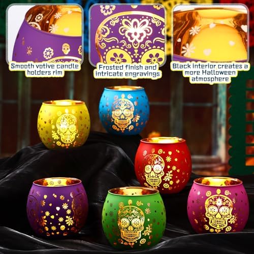 Jingmore 6 Pcs Glass Votive Holders, Sugar Skull, Multicolor