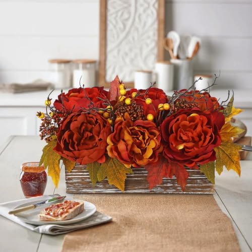 DILATATA Fall Decor Autumn Harvest Floral Centerpiece with Artificial Peony Maple Leaf and Berries Arrangement for Thanksgiving Party Mantel Fall Decor