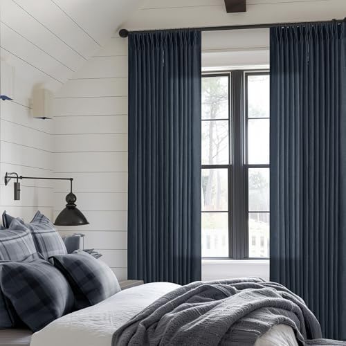 TWODRAPES Navy Blue Linen Pinch Pleated Curtains 96 Inches Long 2 Panels