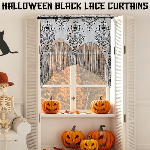ZeeDix 2 Pcs Halloween Lace Curtains Black Skull Tassel Window Door Curtain