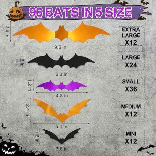 96Pcs Bats Halloween Decoration Sticker, Black Orange Purple Bat Wall Decor