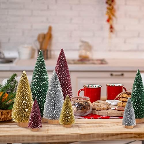 Whaline 16Pcs Artificial Mini Christmas Tree Snow Frosted Trees Red Green Gold Silver Bottle Brush Trees Desktop Mini Pine Tree with Wood Base for Xmas Home Office Tabletop Crafts, 3 Sizes