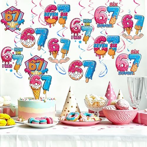 6 7 Birthday Hanging Swirl Decorations, 30Pcs Six Seven Party Ceiling Streamers for 6 7 Meme Ice Cream Birthday Party Supplies