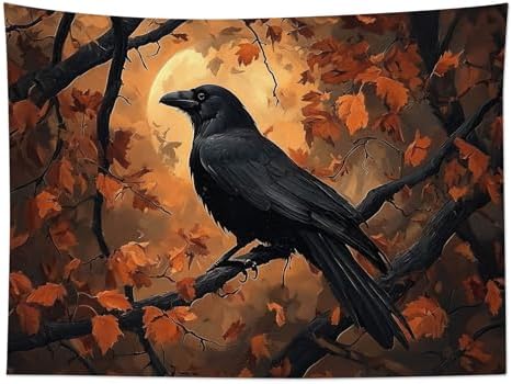 HVEST Fall Halloween Tapestry Wall Hanging Spooky Black Crow on Tree Branch Wall Art Orange Full Moon and Autumn Maple Leaf Tapestry for Bedroom Living Room Dorm Wall Decor, 60L X 80W inches