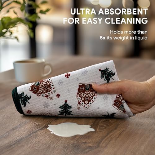 RECYCO Christmas Waffle Kitchen Towel Set of 2 - Quick Dry Microfiber Sustainable Dish Towels - Ultra Absorbent Reusable Cleaning Tea Towels - Lightweight Hand Towels,16”x 28”, Gingerbread Joy
