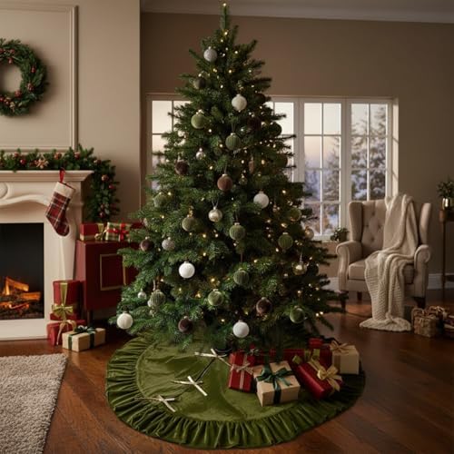 Velvet Christmas Tree Skirt, 60 Inches, Bow Style, Olive Green