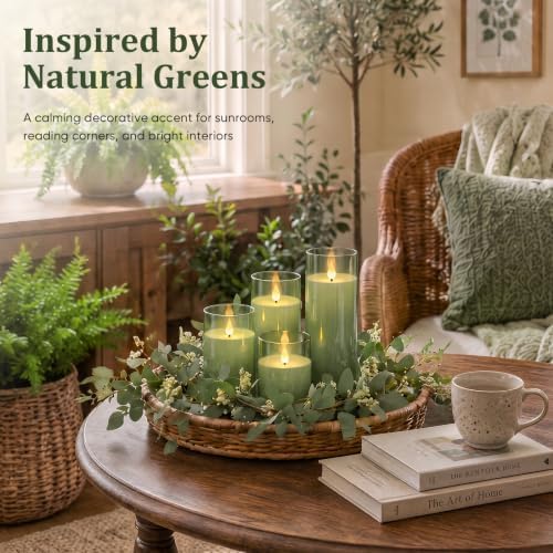 Homemory Sage Green Flameless Candles, Acrylic LED Pillar Candles with Remote Timer, Set of 9