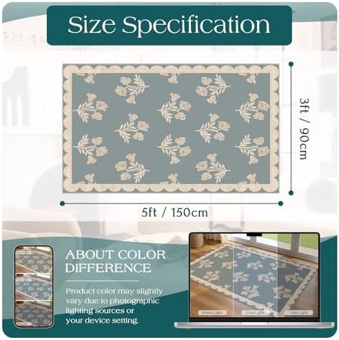 3x5 Floral Entry Rug - Small Washable Indoor Outdoor Mats for Front Door Non-Slip Porch Rug Blue Boho Farmhouse