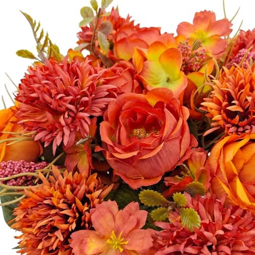 6 Bundles Fall Artificial Flowers Bouquet Fake Peony Silk Chrysanthemums Autumn Faux Floral Arrangements for Home Decor Indoor Kitchen Table Centerpieces Vase Decoration (6, Burnt Orange)