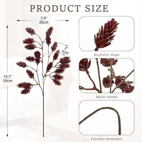 6 Pcs 20'' Fall Burgundy Red Faux Hops Stem for Vase Autumn Branches