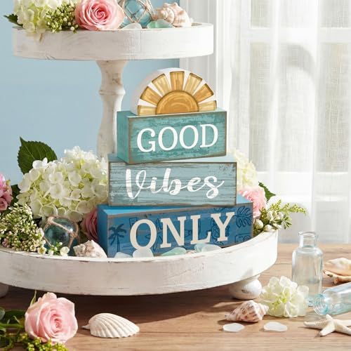 Lineshading 4 Pcs Summer Beach Table Decor Good Vibes Only Wooden Sunshine