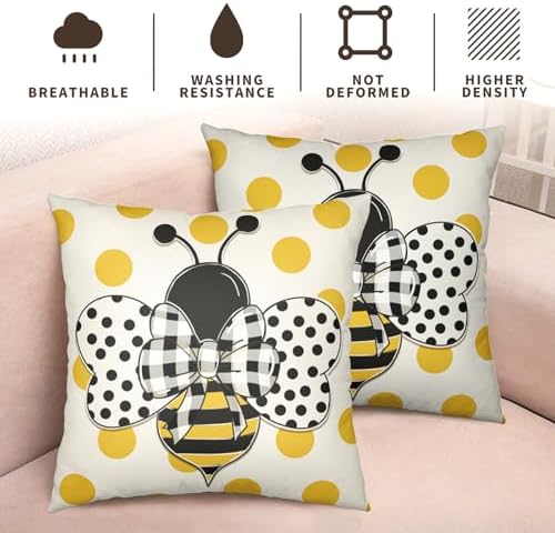 Summer Bumblebee Throw Pillow Covers 20x20 Set of 2 Polka Dot Bee Decorative Pillow Cases Yellow Honeybee Outdoor Farmhouse Cushion Cover for Home Couch Sofa Decor