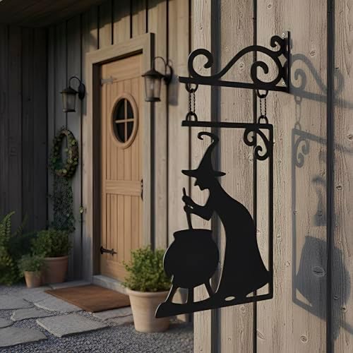 Metal Witch Silhouette Cauldron – Iron Halloween Wall Sign Hanging Art for Garden Decor, Scary Yard Ornaments, Party Supplies, Indoor Outdoor Decoration