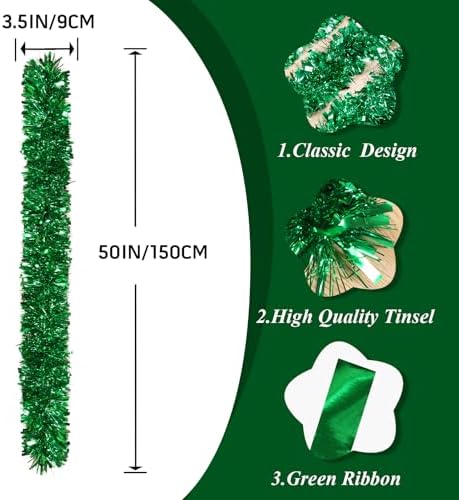 50Ft Green Christmas Garland Decorations,Xams Greenery Tinsel Stems Non-Lit Soft Twist Garland Decor for Tree Stairs Railing Front Door Mantle Fireplace Indoor Outdoor Holiday Home