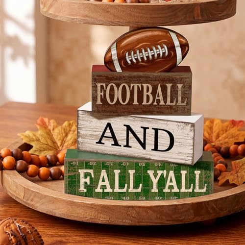 Lineshading 4 Pcs Fall Football Block Signs Wooden Farmhouse Decor