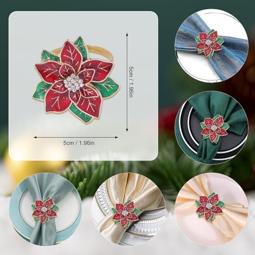 Christmas Napkin Rings Set of 12,Poinsettia Flower Napkin Rings Christmas Holders Metal Napkin Buckle for Wedding Party Birthday Table Decoration Dinning