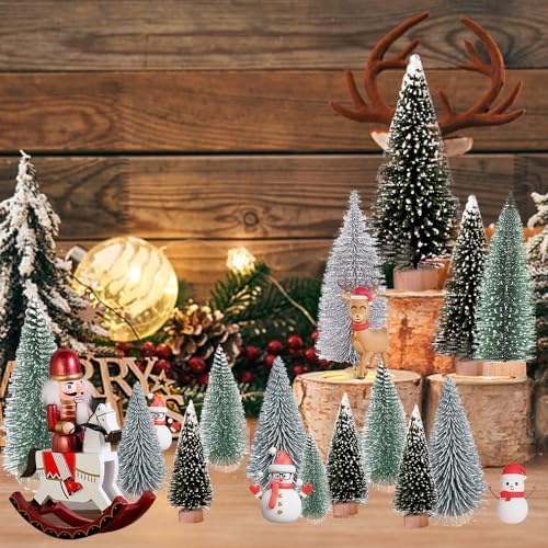 Yahpetes Christmas Trees 30 Pcs Artificial Bottle Brush Trees with 3 Sizes,Sisal Snow Trees with Wooden Base for Christmas Crafting and Designing (Silver,Green,Dark Green 30Pcs)