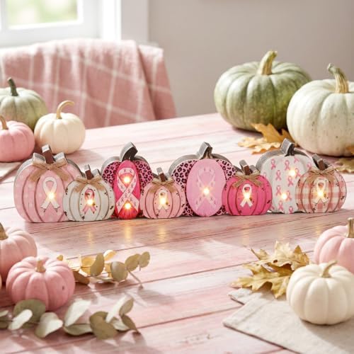 Yousoontic Breast Cancer Awareness Table Decorations, Light up 3D Wooden Pumpkin Table Centerpiece, LED Pink Ribbon Pumpkin Decor, Rustic Farmhouse Sign for Pink October Fall Mantel Desk Home Party