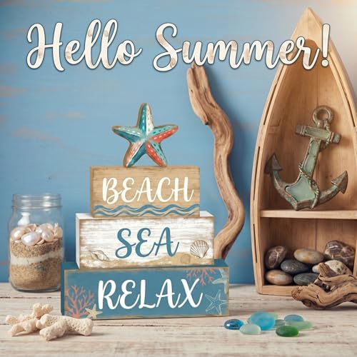 Britimes Tiered Tray Decor Set, 4 Pack, Wooden Table Sign, Ocean Beach