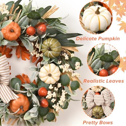 2Pcs 22'' Fall Wreaths for Front Door, Fall Decor for Home Autumn Wreath